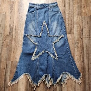 Women's ROMWE Grunge Punk Star Pattern Raw Hem Slant Pocket Denim Skirt Size XS